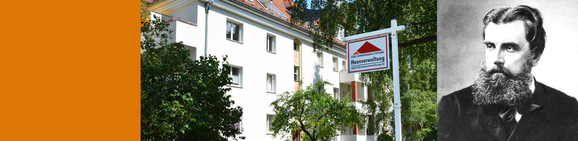 Collage: Orangenes Quadrat, Bild von Wohnhaus - umgeben von Bäumen und im Vordergrund ein Schild mit dem Logo der FDS Hausverwaltung, schwarz-weiß Foto des Fürsten von Donnersmarck